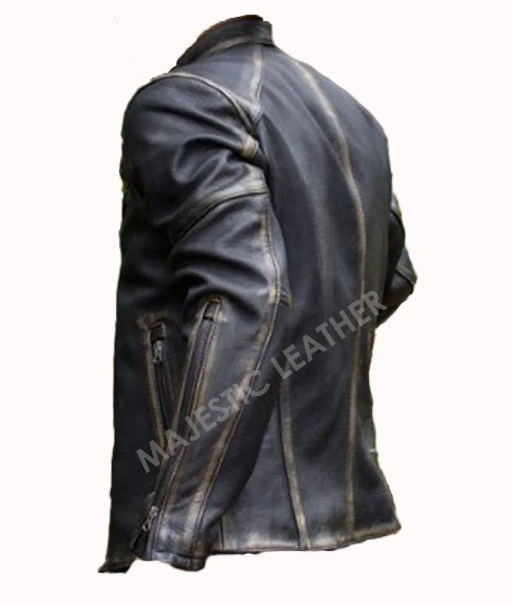 Men’s Motorcycle Biker Vintage Cafe Racer Distressed Black Real Leather Jacket