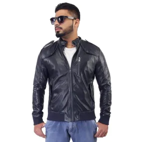 Men'S Navy Color Band Collar Genuine Leather Biker Jacket