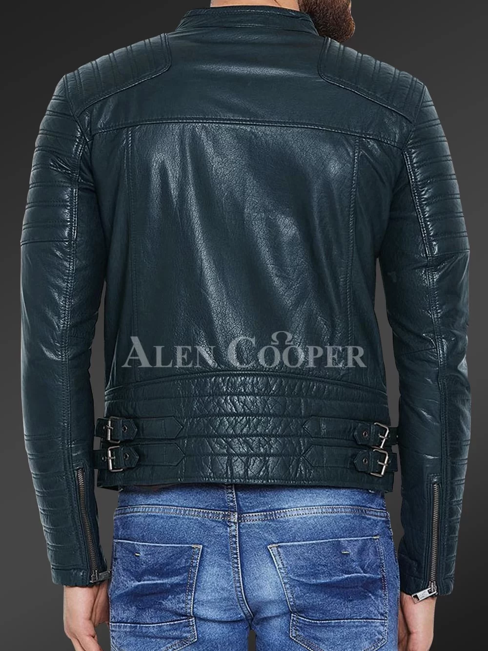 Men’s pure leather jacket with stylish asymmetrical zipper closure and quilted sleeves