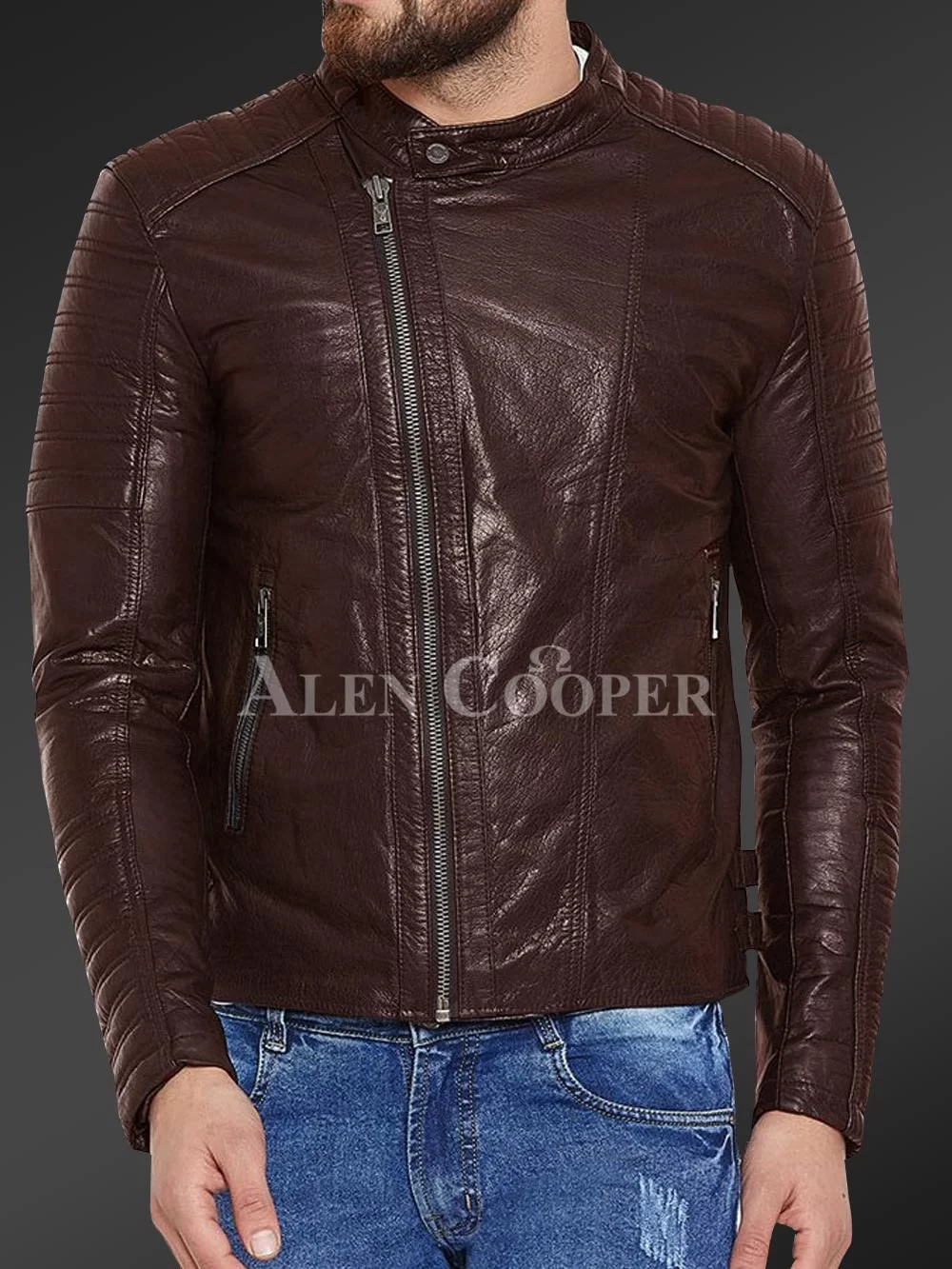 Men’s pure leather jacket with stylish asymmetrical zipper closure and quilted sleeves