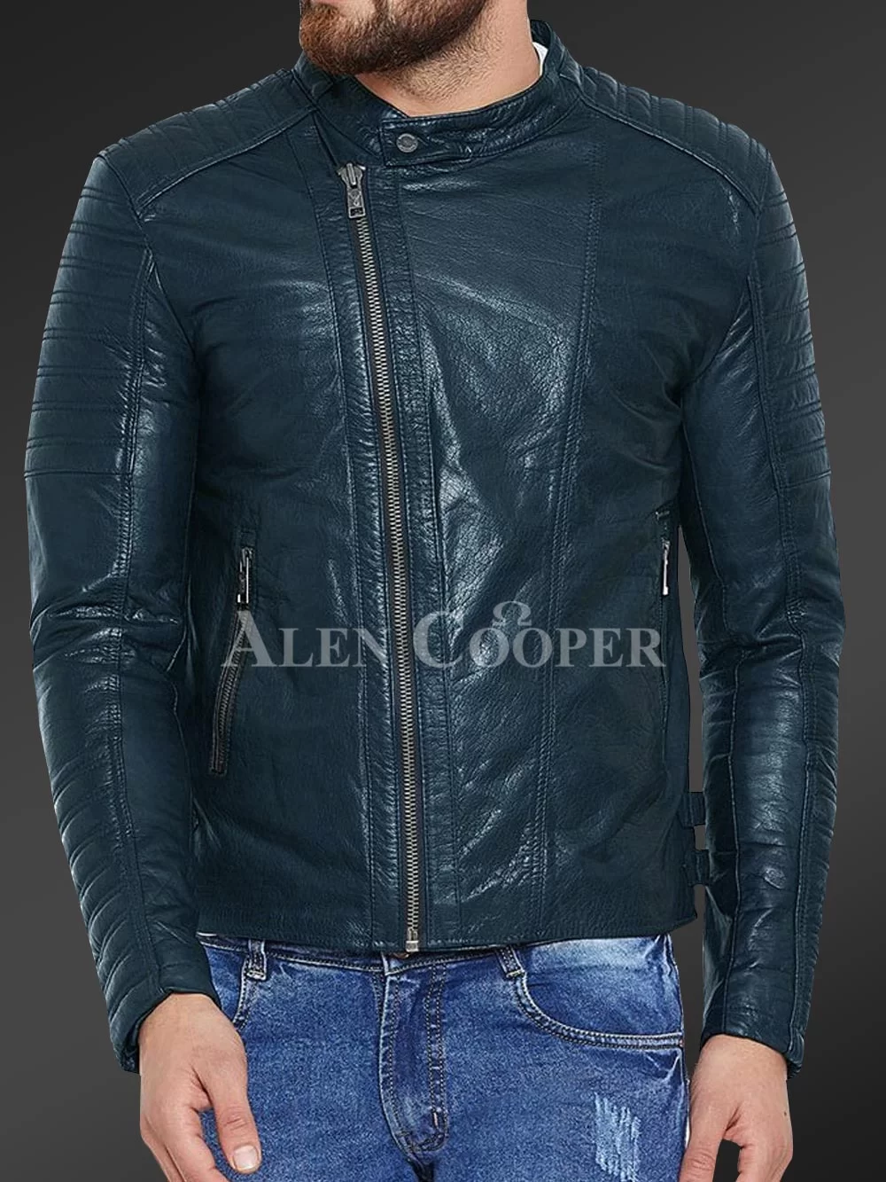 Men’s pure leather jacket with stylish asymmetrical zipper closure and quilted sleeves