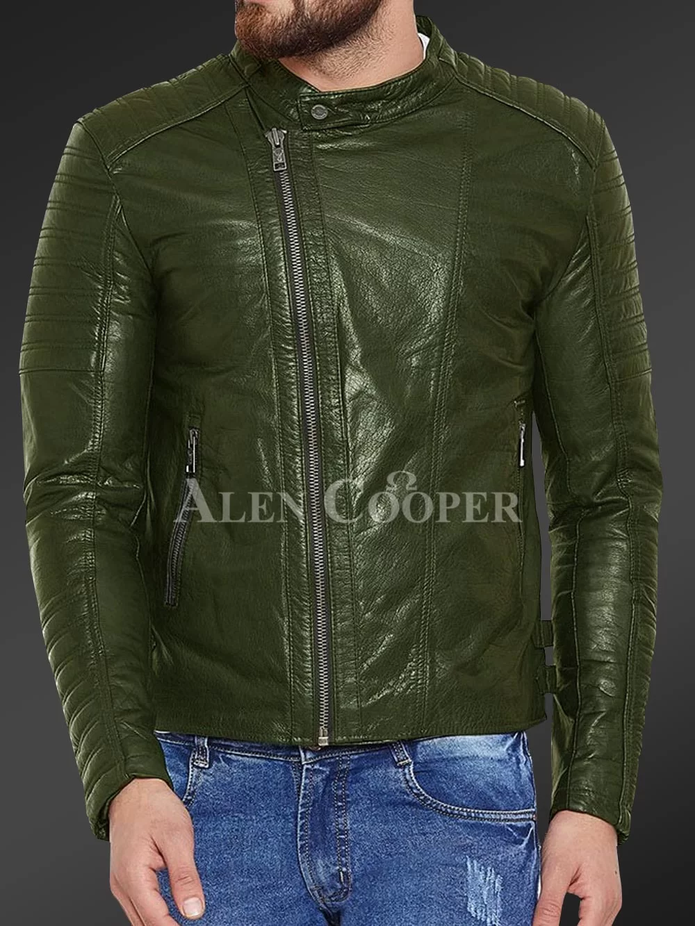 Men’s pure leather jacket with stylish asymmetrical zipper closure and quilted sleeves