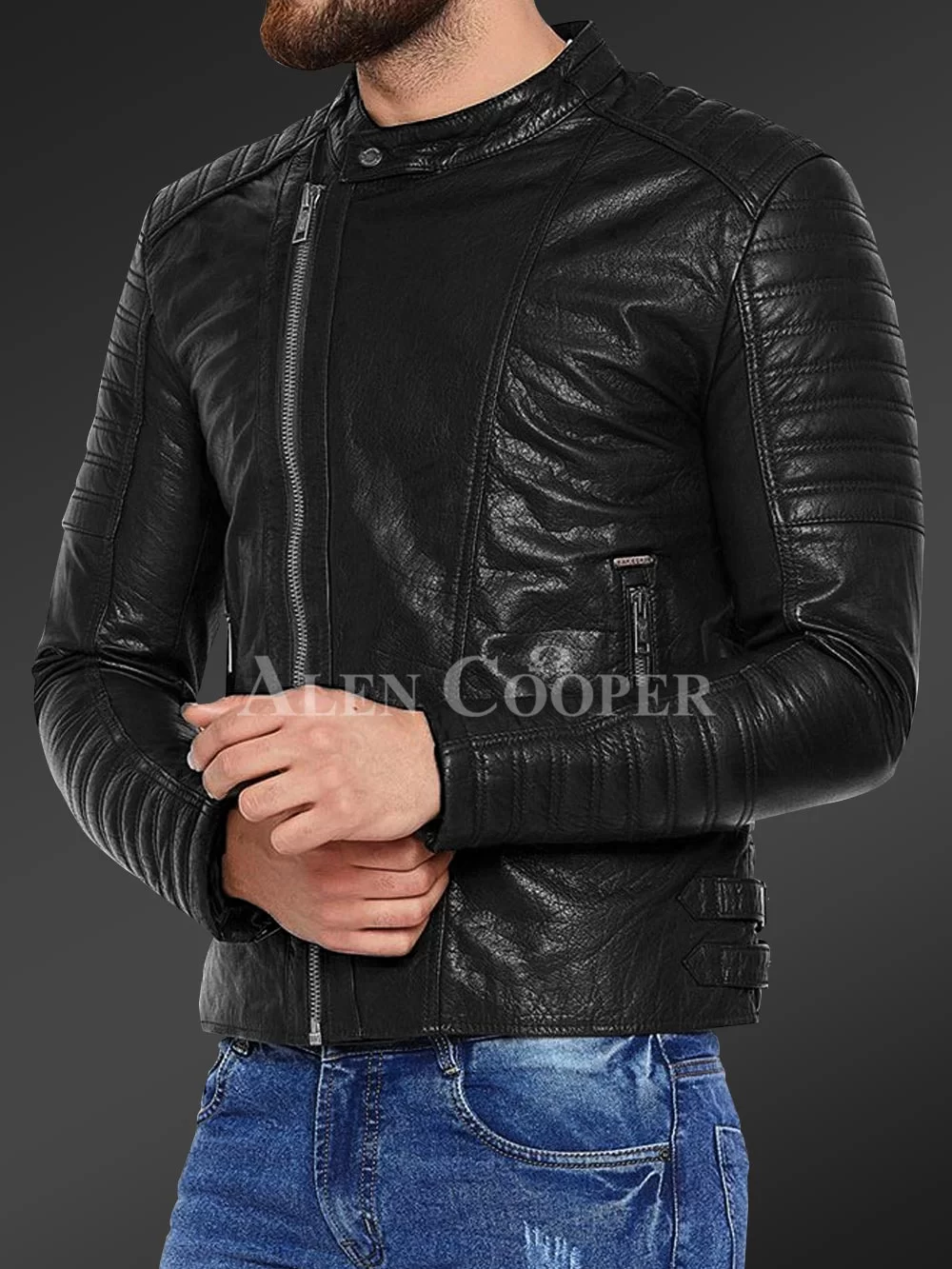 Men’s pure leather jacket with stylish asymmetrical zipper closure and quilted sleeves