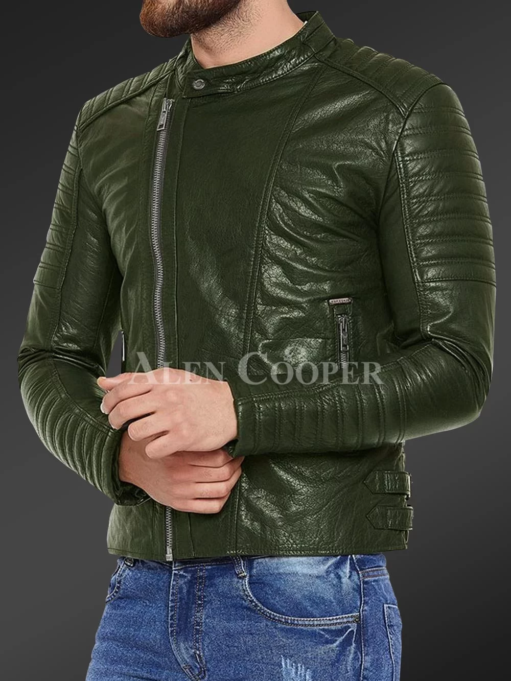 Men’s pure leather jacket with stylish asymmetrical zipper closure and quilted sleeves