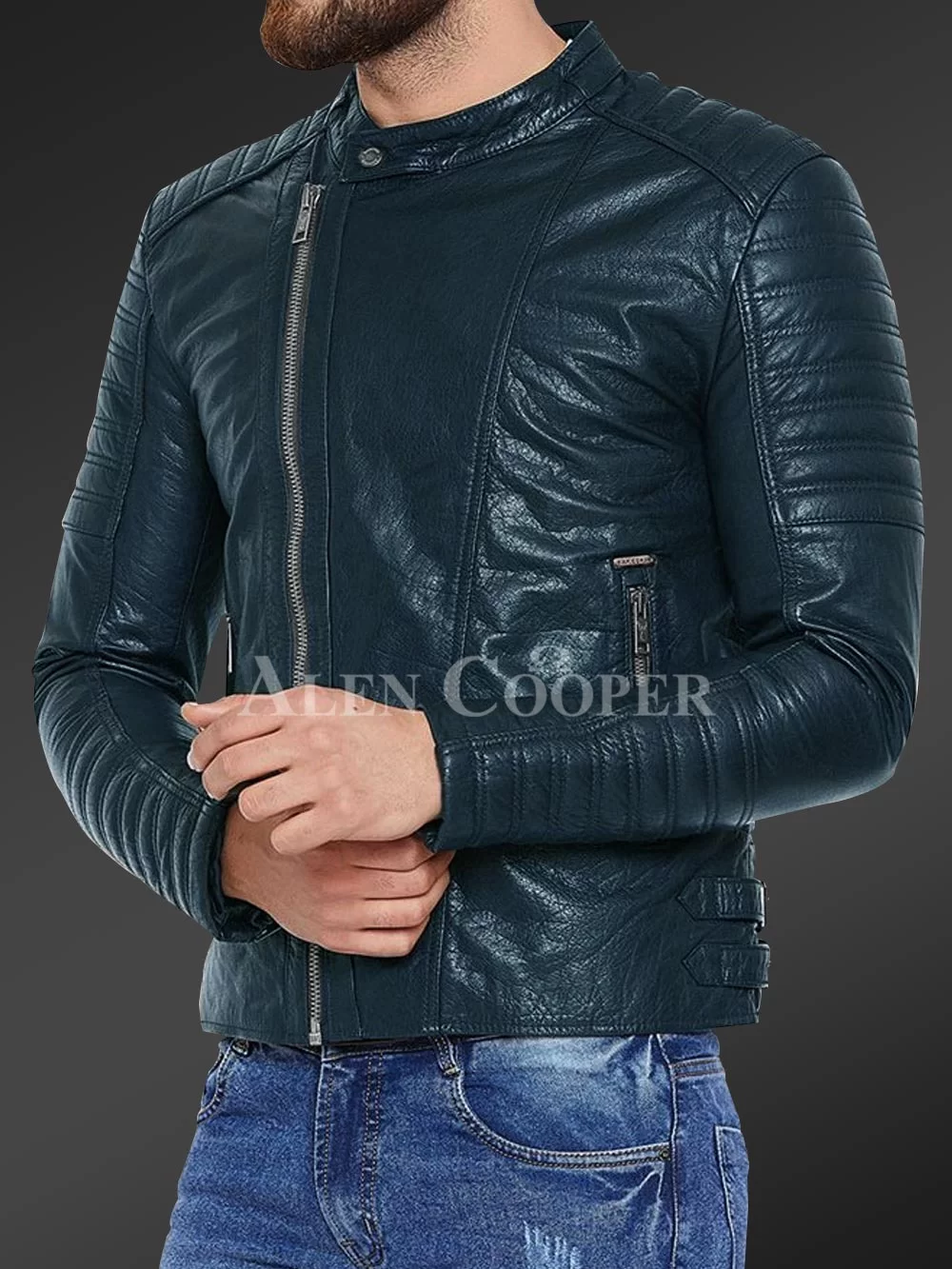 Men’s pure leather jacket with stylish asymmetrical zipper closure and quilted sleeves