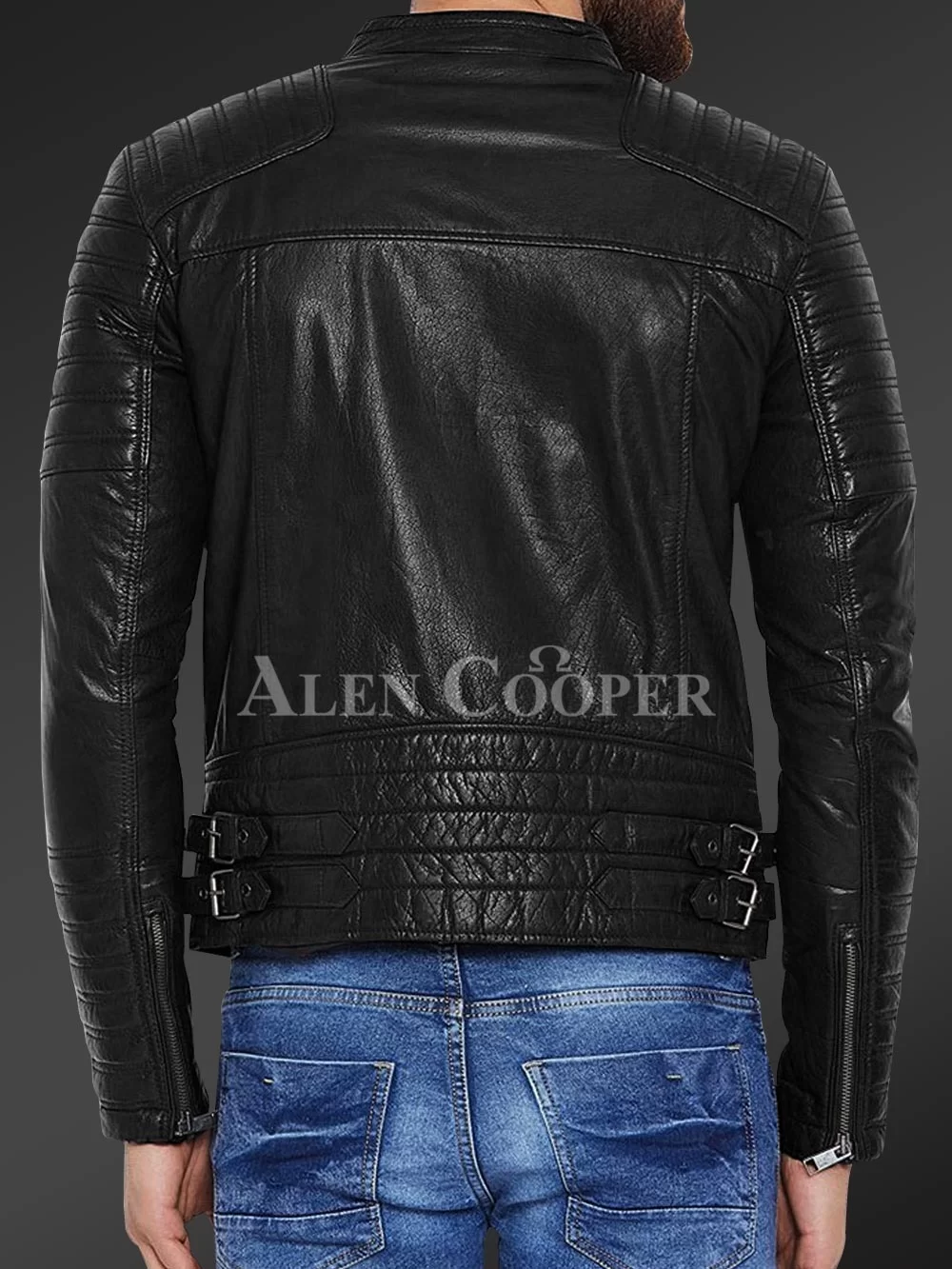 Men’s pure leather jacket with stylish asymmetrical zipper closure and quilted sleeves