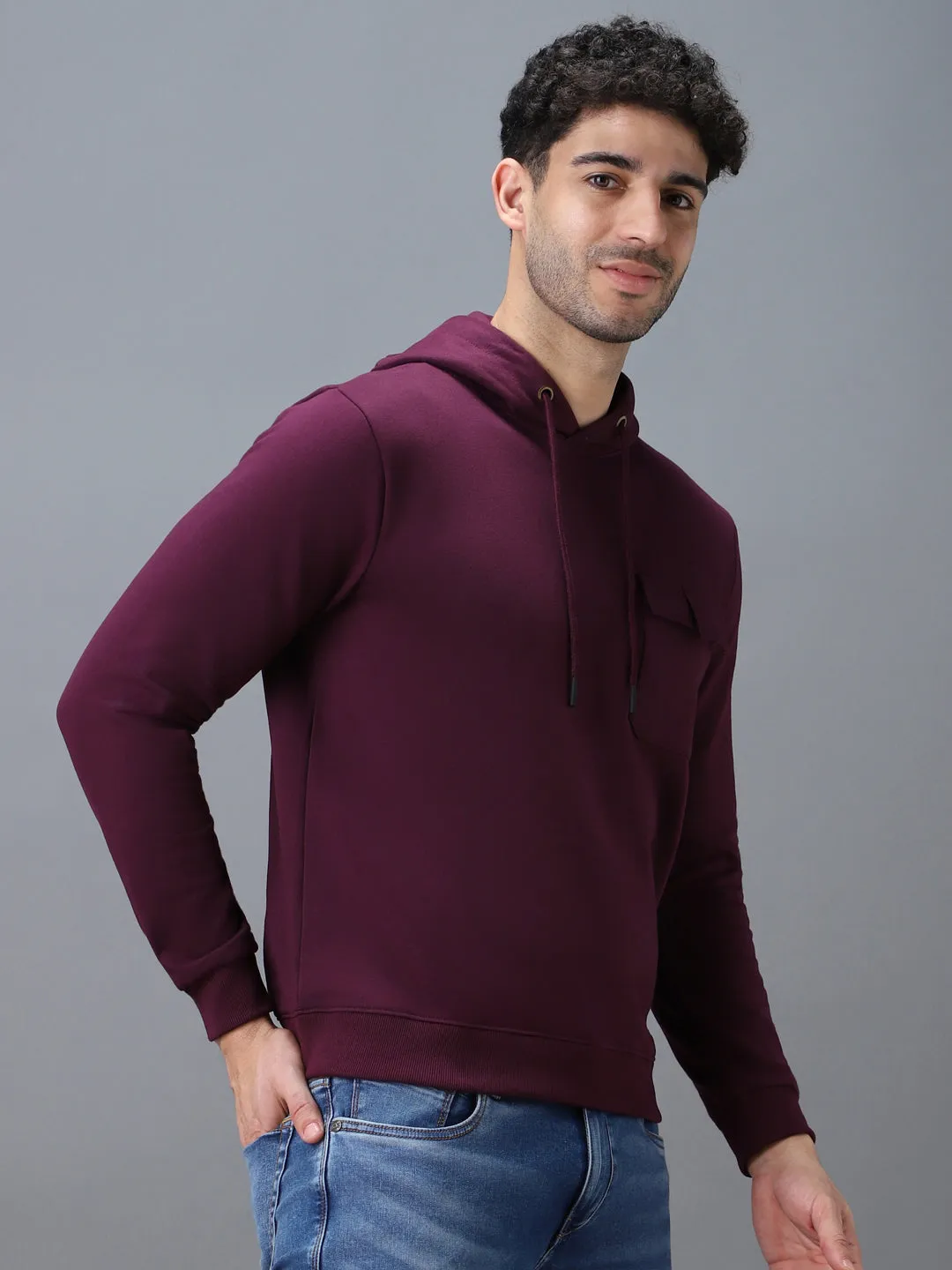 Men's Purple Cotton Solid Hooded Neck Sweatshirt