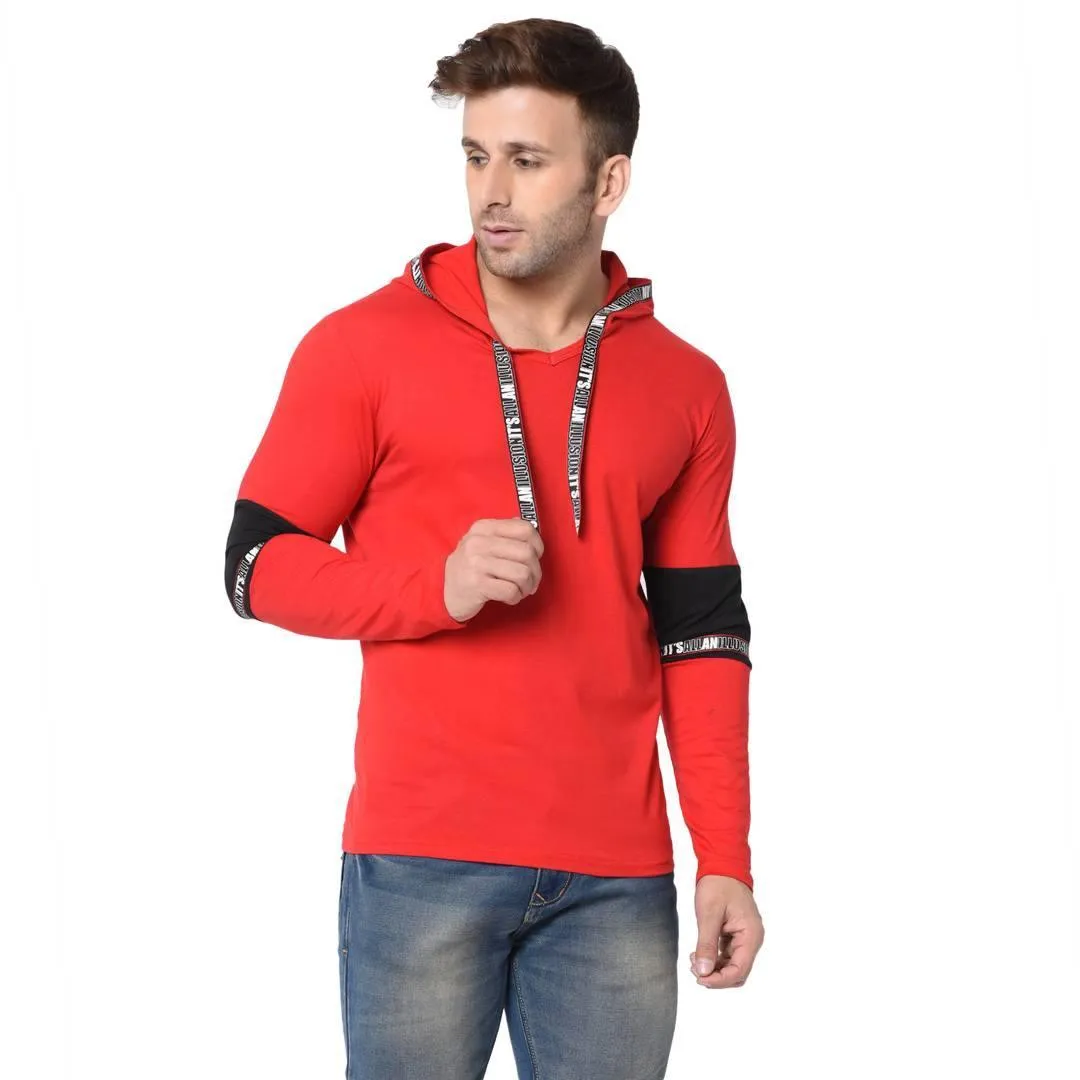 Men's Red Typography Cotton Self Pattern Hooded T-Shirt