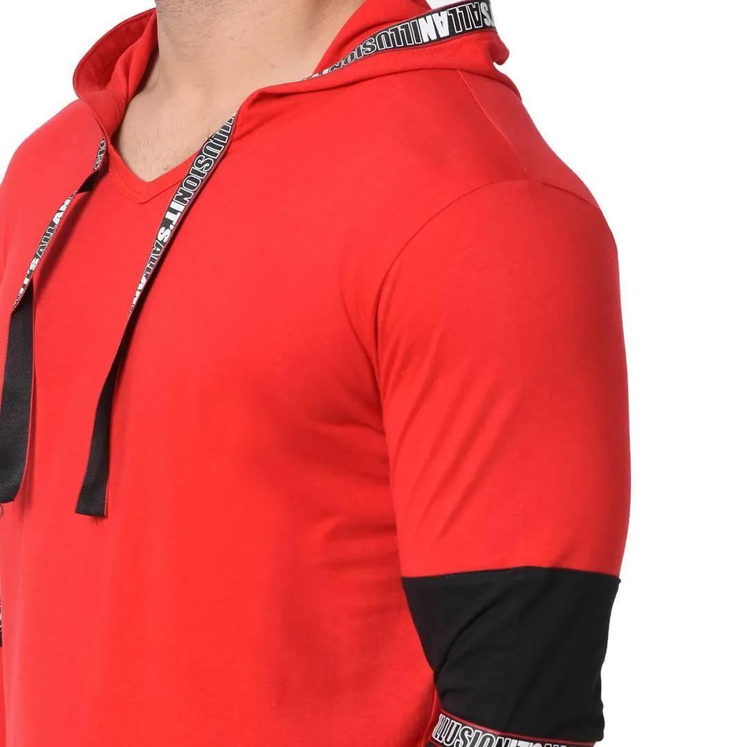 Men's Red Typography Cotton Self Pattern Hooded T-Shirt