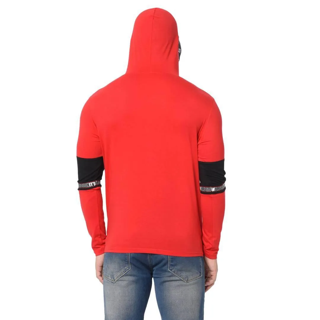 Men's Red Typography Cotton Self Pattern Hooded T-Shirt