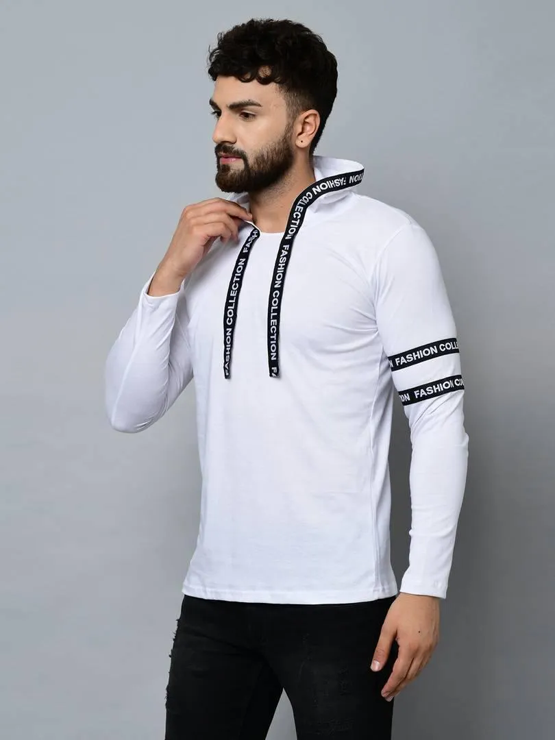 Men's White Cotton Self Pattern Hooded Tees