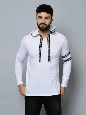 Men's White Cotton Self Pattern Hooded Tees