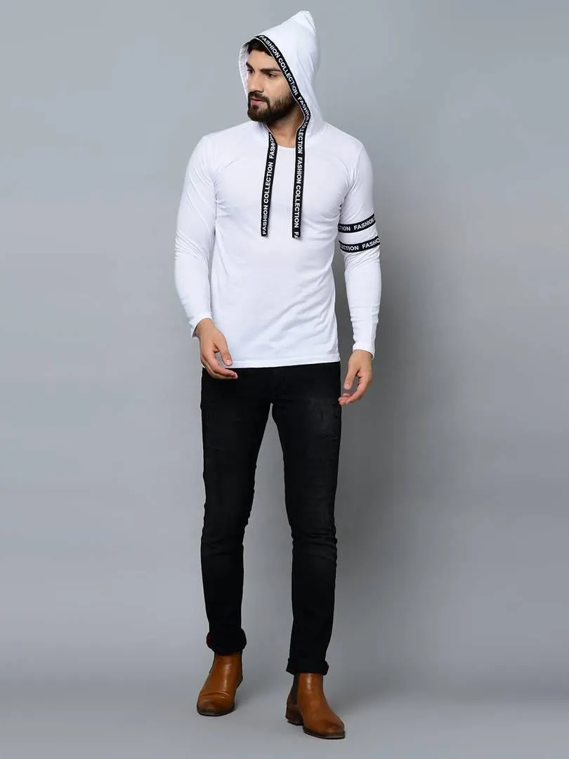 Men's White Cotton Self Pattern Hooded Tees