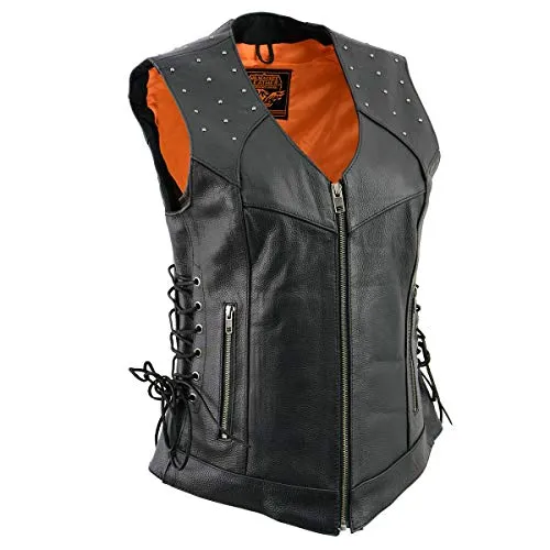 Milwaukee Leather MLL4504 Women's 'Riveted' Black Leather Vest with Side Laces - Horizon Leathers