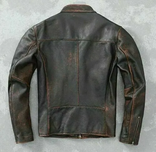 New Men’s Motorcycle Biker Vintage Cafe Racer Distressed Black Real Leather Jacket