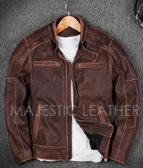 New Men’s Motorcycle Biker Vintage Cafe Racer Distressed Brown Real Leather Jacket