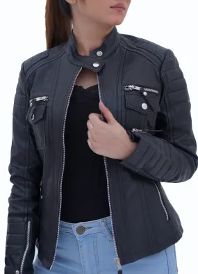 New Women's Black Slim Fit Biker Moto Style Real Leather Jacket