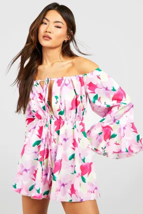 Off The Shoulder Tassel Ruffle Floral Romper