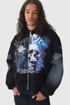 Oversized Boxy Offcl Gothic Skull Zip Through Print Hoodie