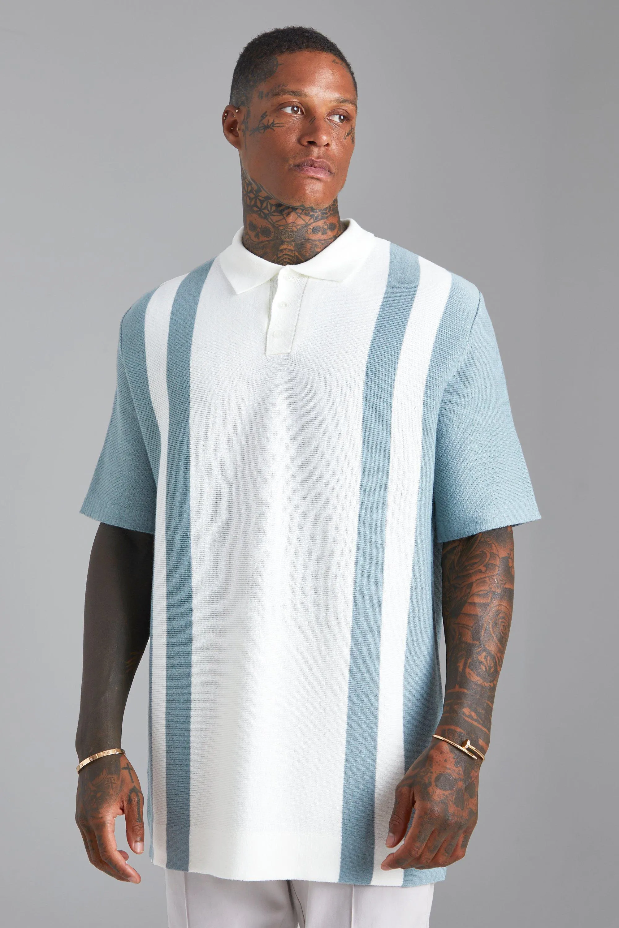 Oversized Knitted Colourblock Polo | boohooMAN UK