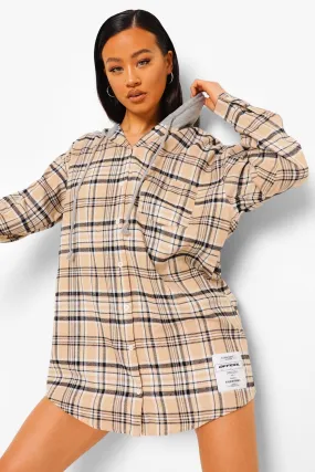 Patch Print Oversized Hooded Flannel Shirt Dress