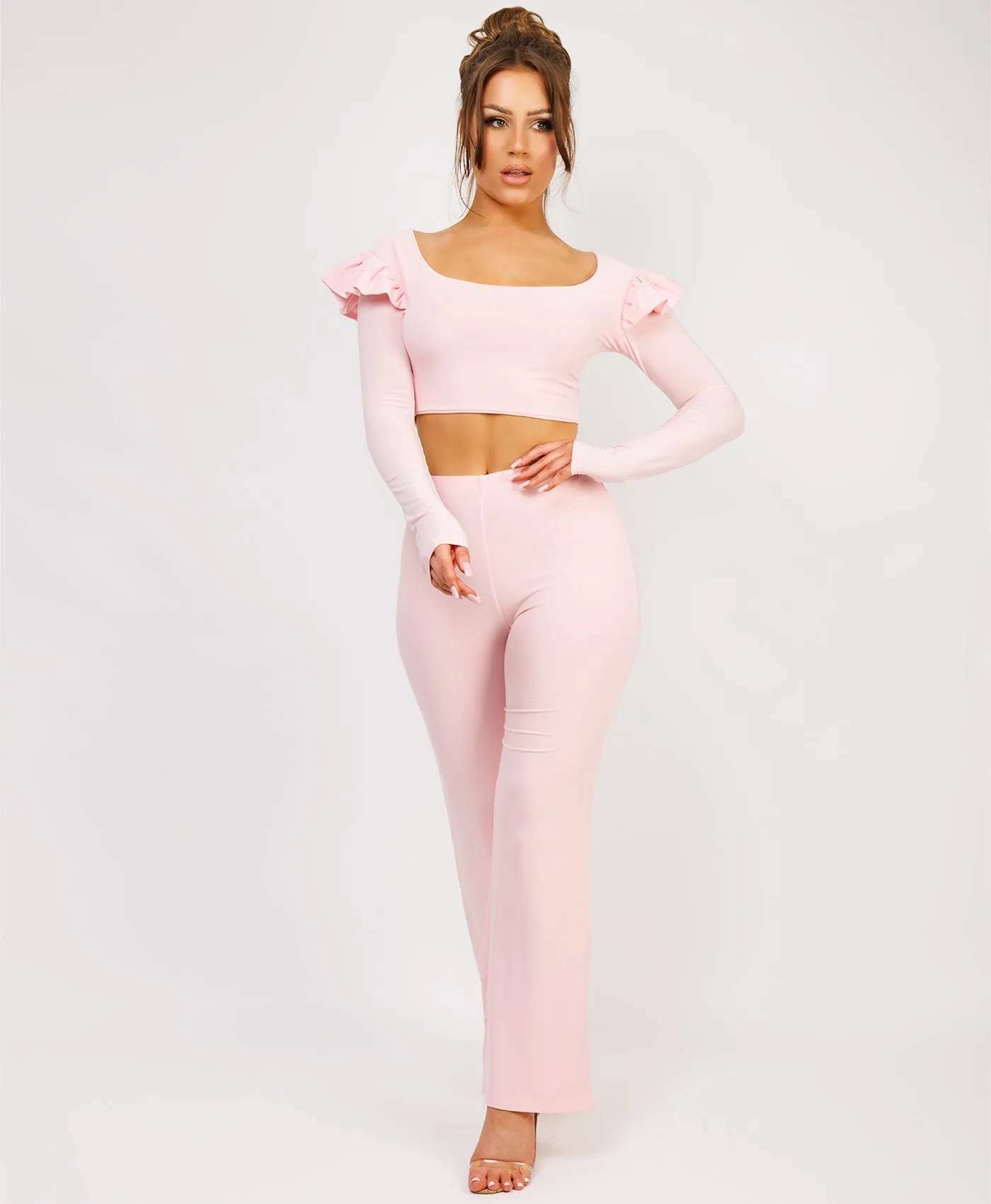 Pink Frill Shoulder Long Sleeve Slinky Top And Trousers Loungewear Set