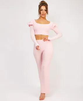 Pink Frill Shoulder Long Sleeve Slinky Top And Trousers Loungewear Set