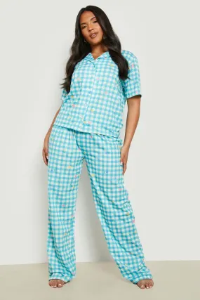 Plus Gingham Check Floral Shirt & Trousers Pyjama Set