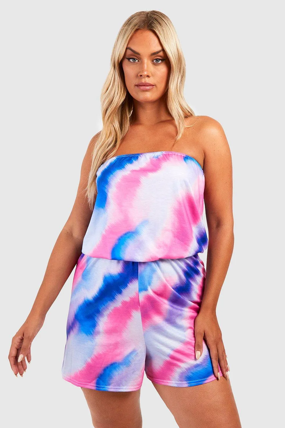 Plus Tie Dye Printed Jersey Knit Bandeau Beach Romper