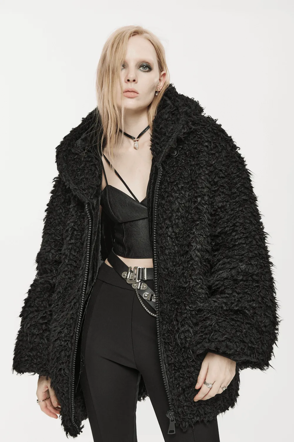 Punk Loose Mid-Length Hooded Split Jacket with Pockets