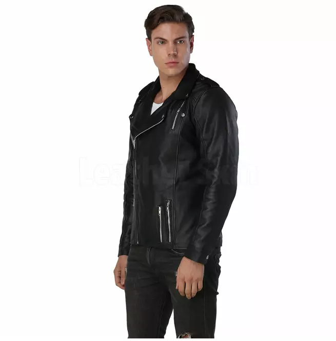 Punk Men's Black Leather Jacket With Zippered Closure