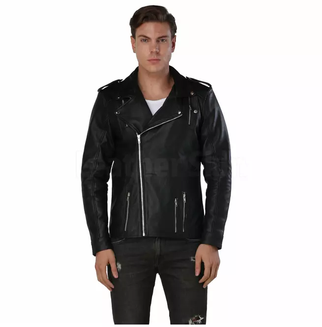 Punk Men's Black Leather Jacket With Zippered Closure