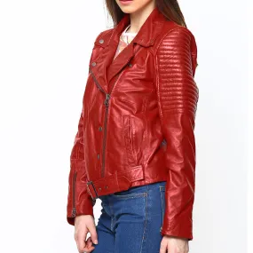 Red Leather Women Padded Sleeves Biker Jacket by BARESKIN