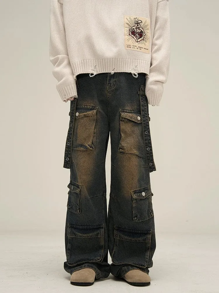 RT No. 10807 MULTI-POCKET DENIM WIDE STRAIGHT JEANS