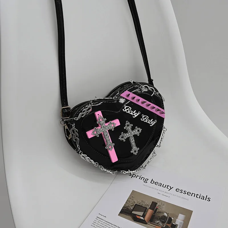 SALE of Punk Heart Shape Bag With Crosses Decor / Women's Rivets Shoulder Bag - EU