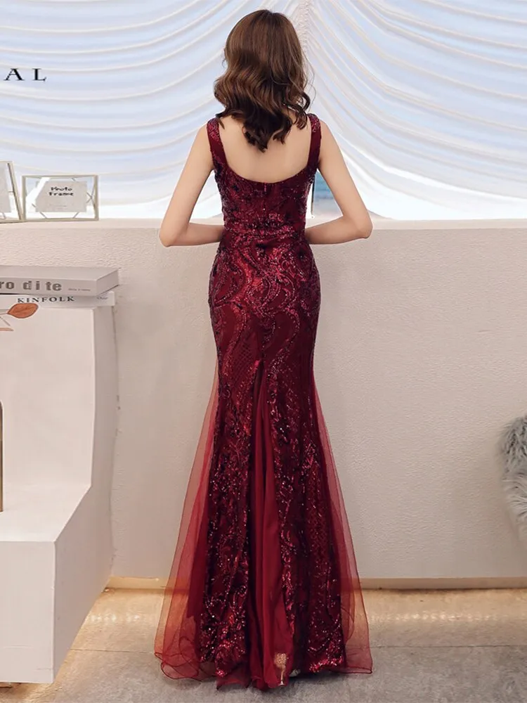 Shinny Sequined Formal Party Dress Sleeveless Mermaid Tulle Sweetheart Neck Prom Gown Luxury Mesh Club Vestidos