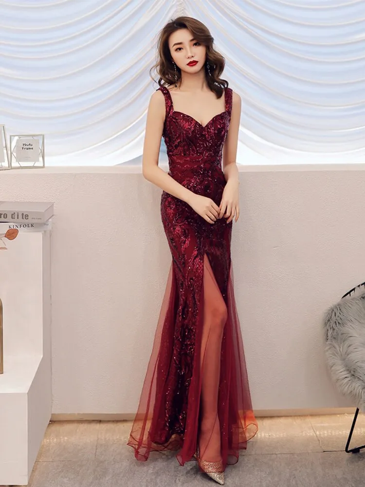 Shinny Sequined Formal Party Dress Sleeveless Mermaid Tulle Sweetheart Neck Prom Gown Luxury Mesh Club Vestidos