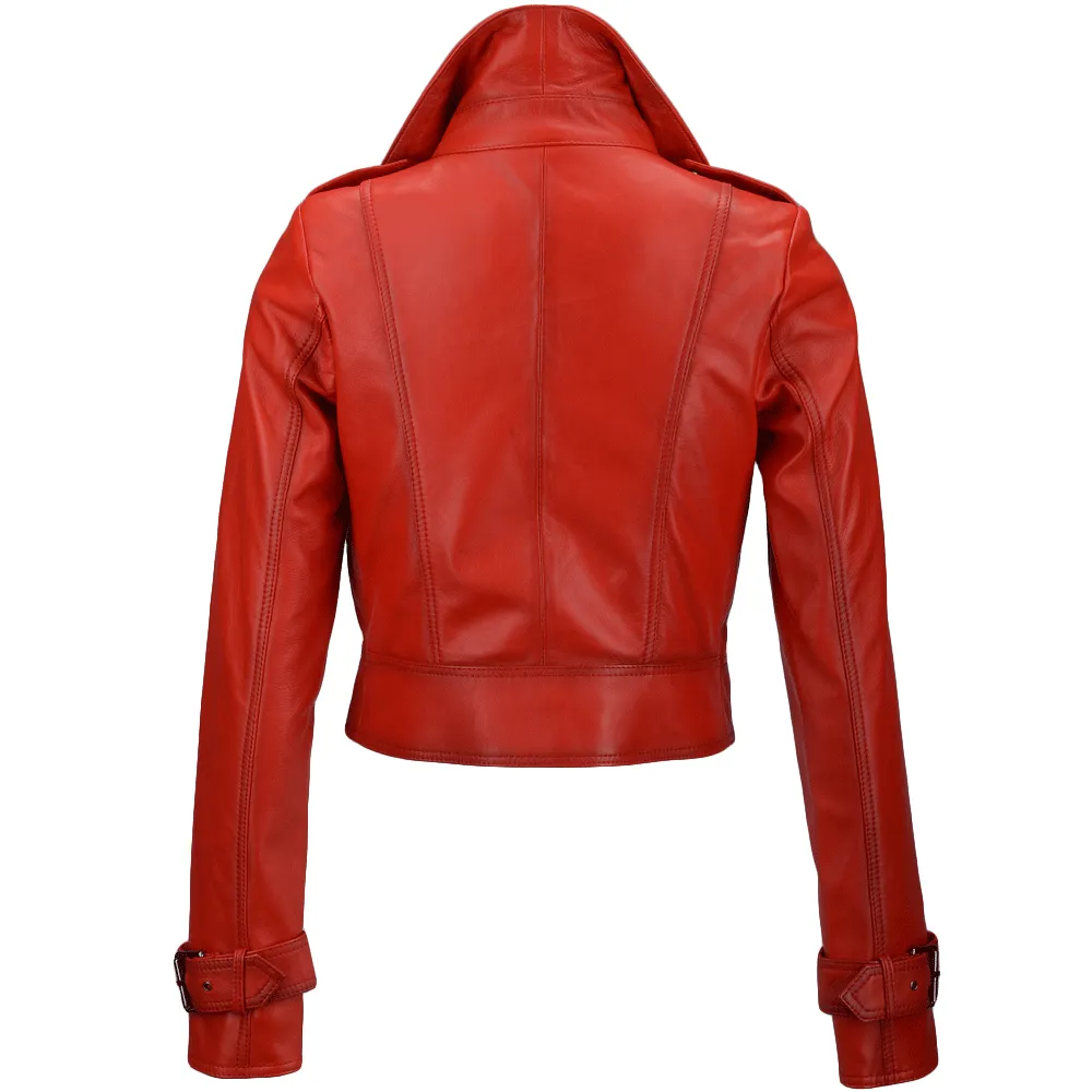 Short Vegetable Tanned Leather Biker Jacket Red : Sabine