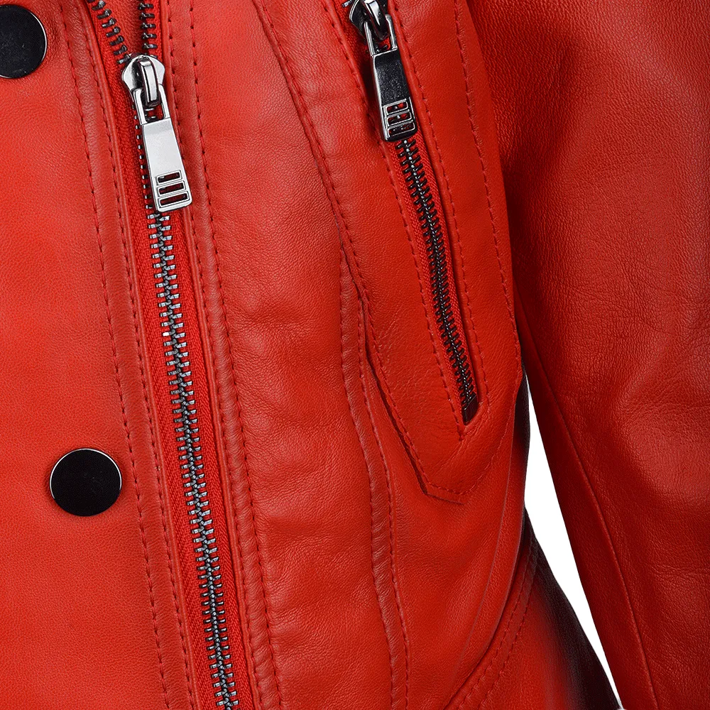 Short Vegetable Tanned Leather Biker Jacket Red : Sabine