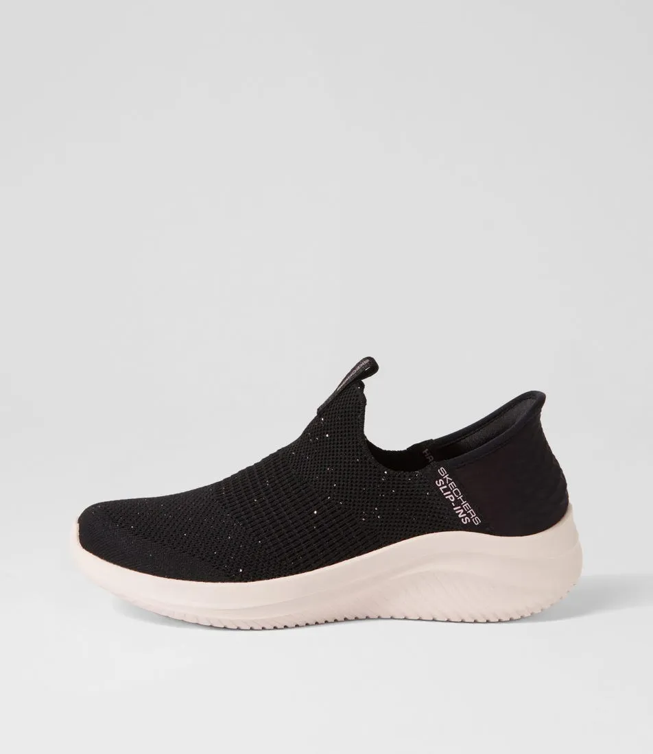 SKECHERS Ultra Flex 3 Shiny Black Rose Gold Fabric Sneakers