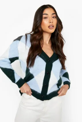 Soft Knitted Bright Argyle Flannel Cropped Cardigan