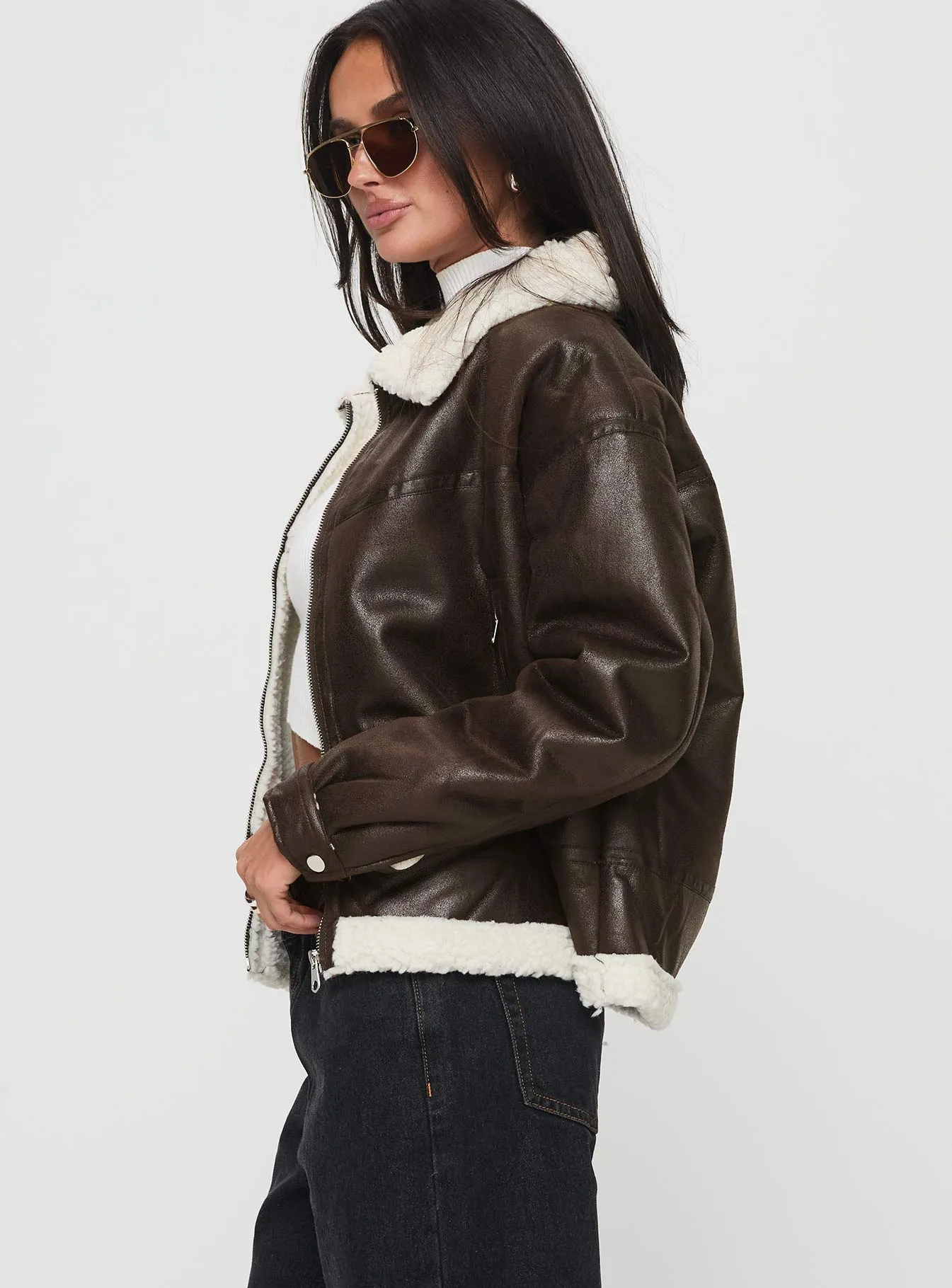 Solara Faux Leather Shearling Jacket Chocolate