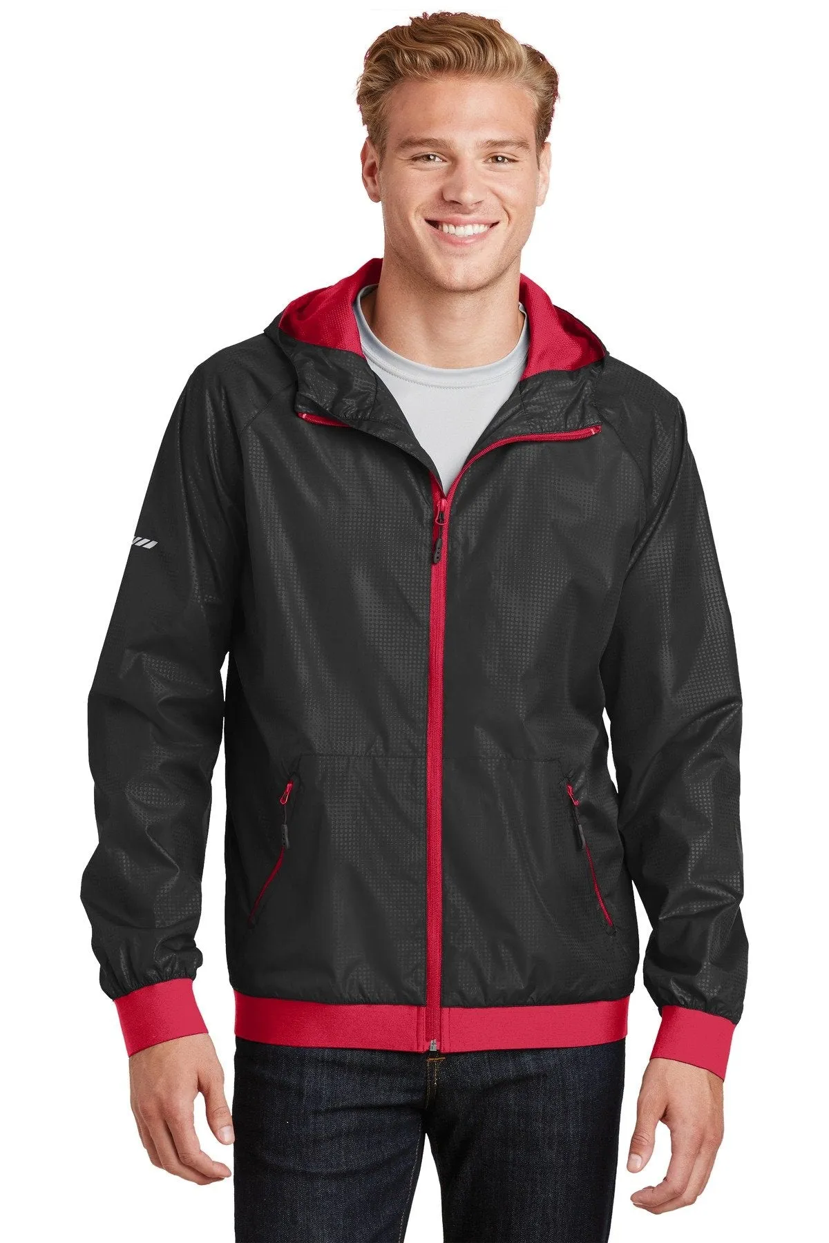 Sport-Tek Embossed Hooded Wind Jacket JST53 Black/ True Red