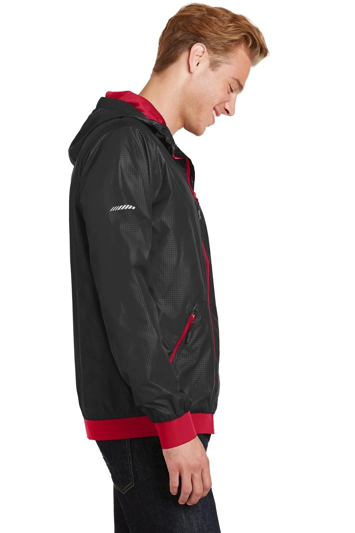 Sport-Tek Embossed Hooded Wind Jacket JST53 Black/ True Red