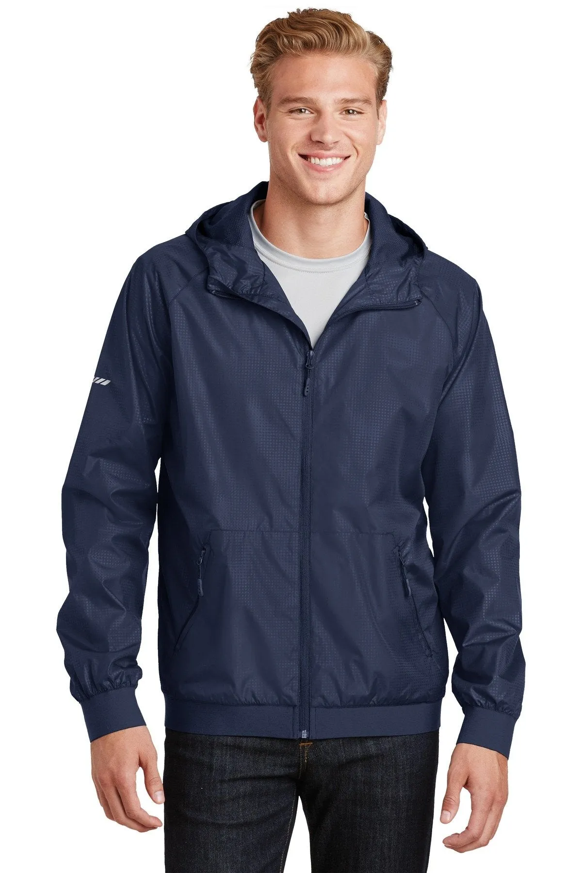 Sport-Tek Embossed Hooded Wind Jacket JST53 True Navy/ True Navy