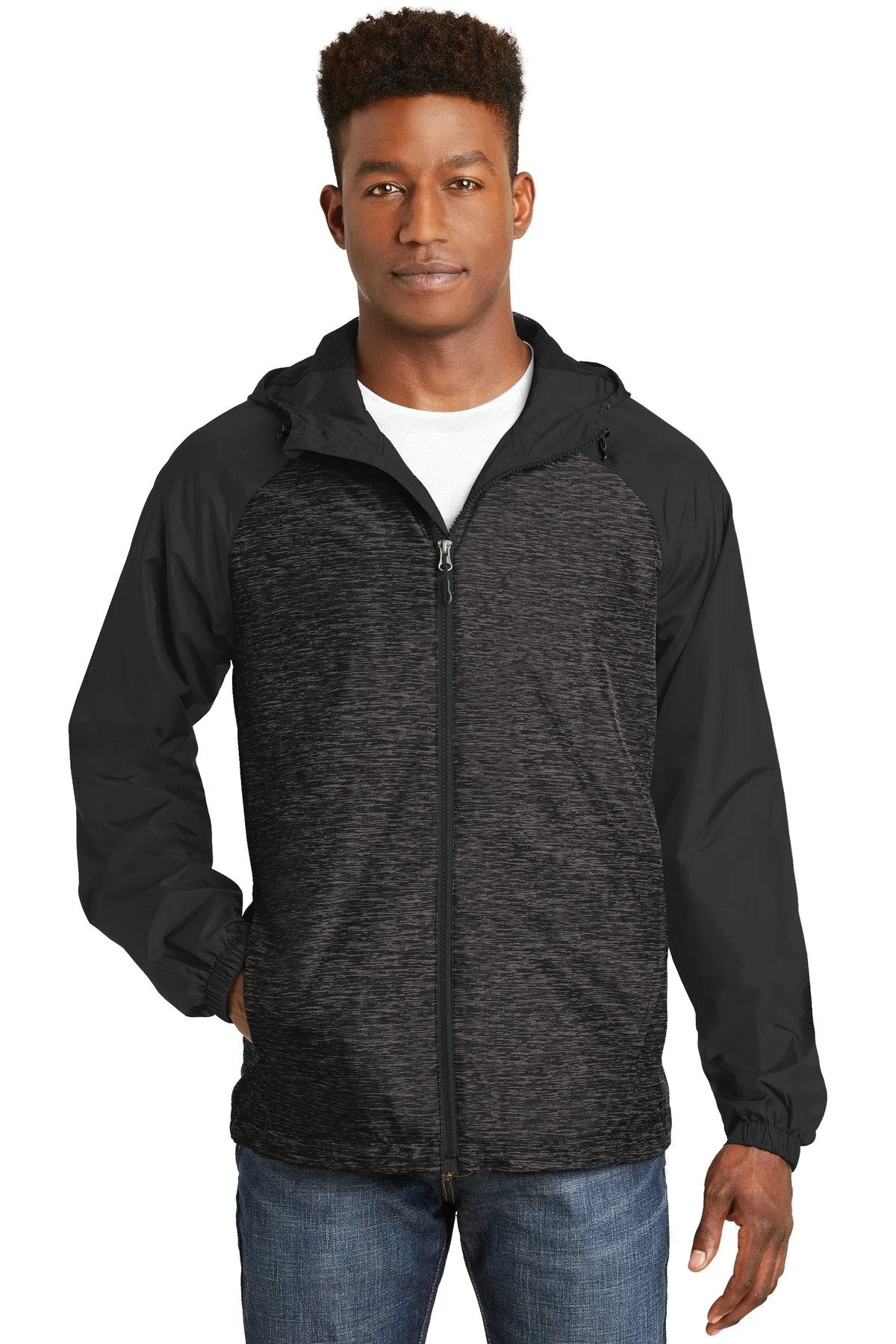 Sport-Tek Heather Colorblock Raglan Hooded Wind Jacket JST40 Black Heather/ Black