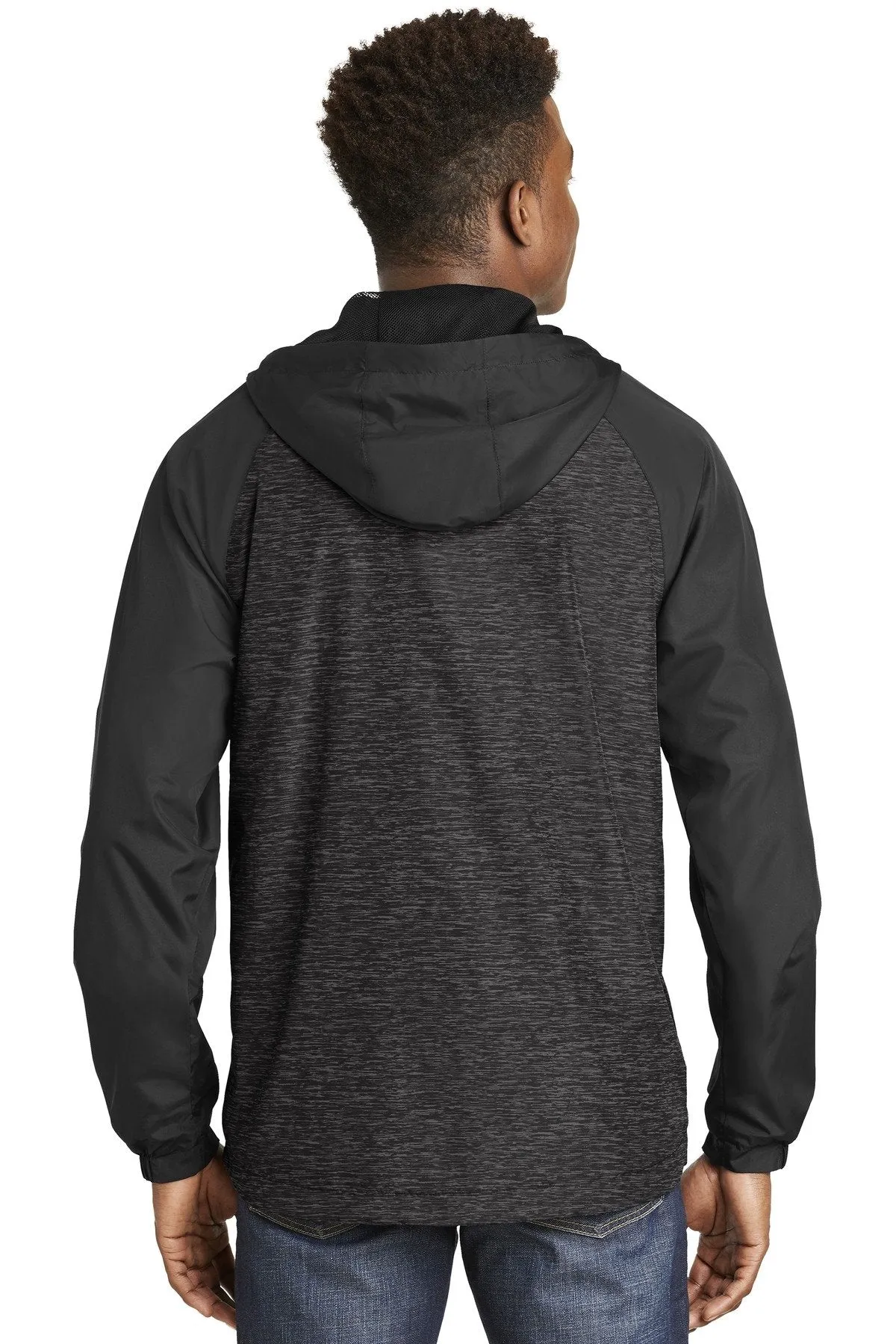 Sport-Tek Heather Colorblock Raglan Hooded Wind Jacket JST40 Black Heather/ Black