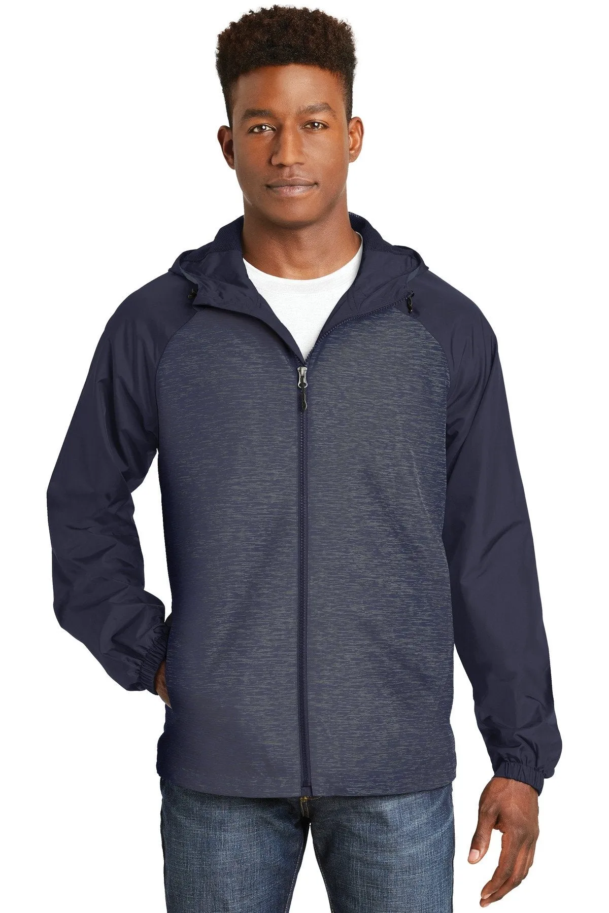 Sport-Tek Heather Colorblock Raglan Hooded Wind Jacket JST40 True Navy Heather/ True Navy