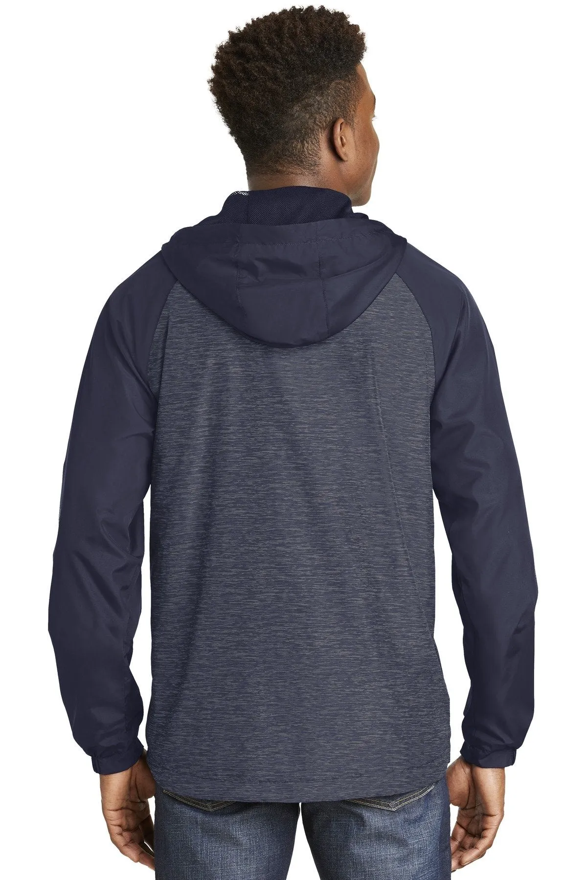 Sport-Tek Heather Colorblock Raglan Hooded Wind Jacket JST40 True Navy Heather/ True Navy