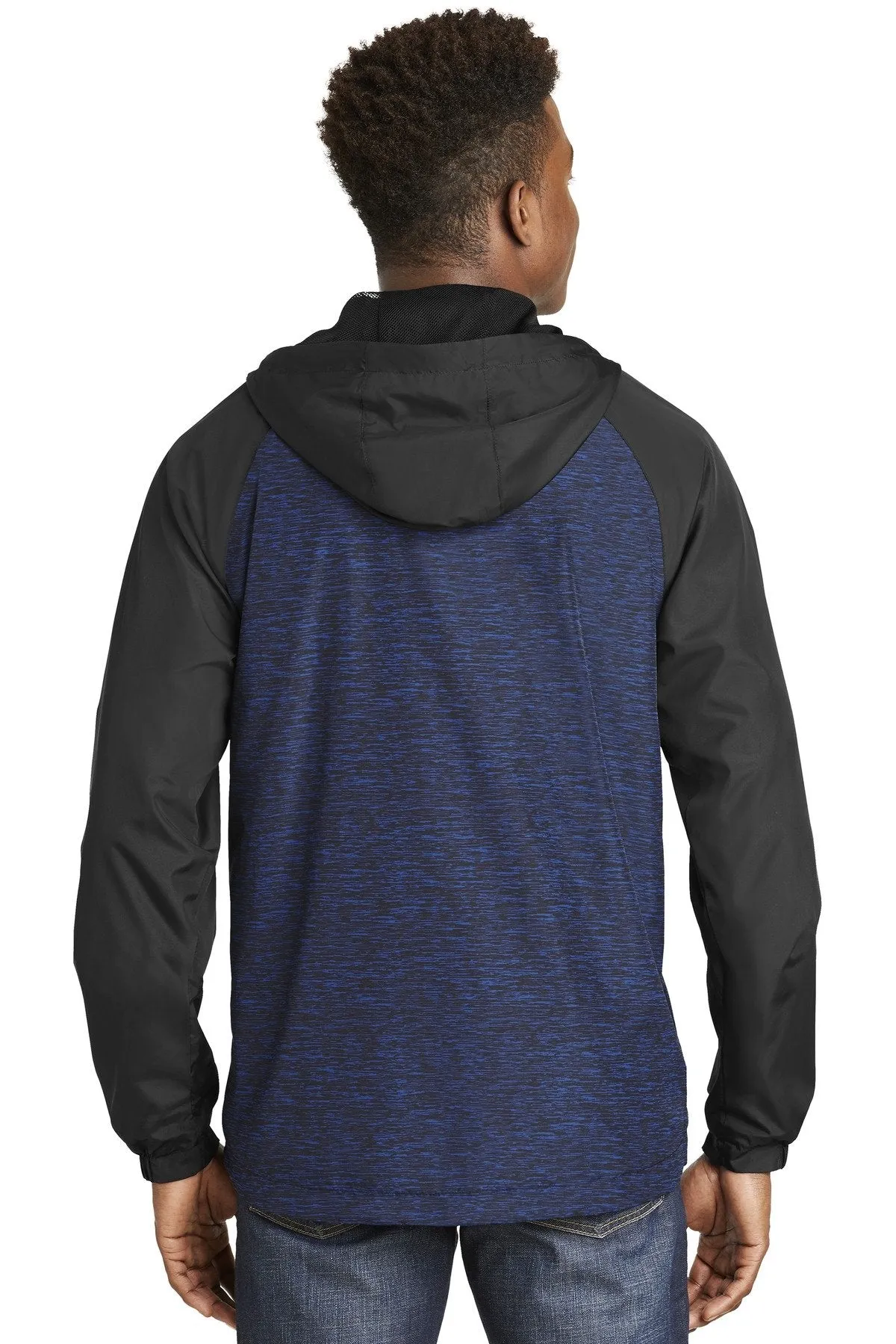 Sport-Tek Heather Colorblock Raglan Hooded Wind Jacket JST40 True Royal Heather/ Black